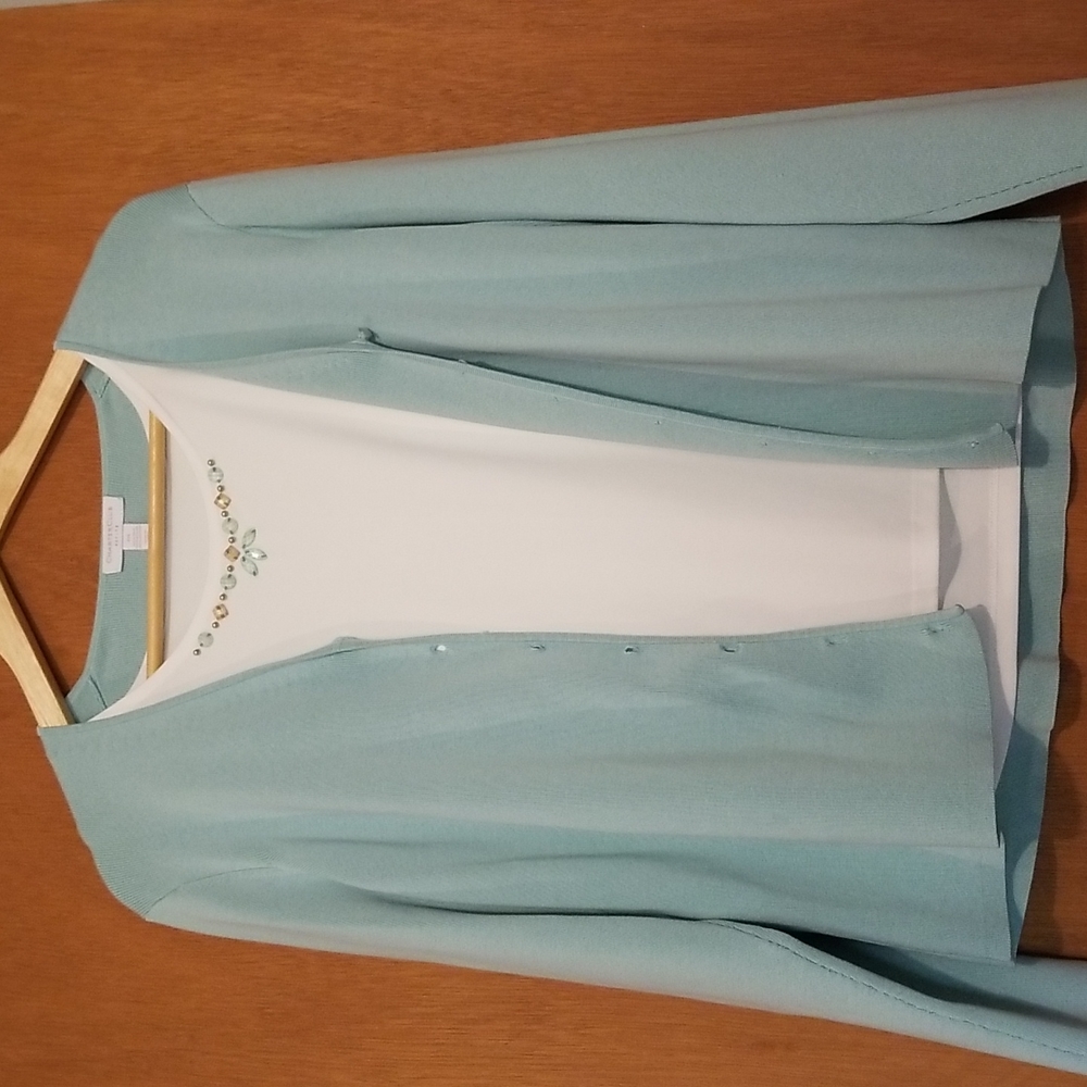 Sweater set! Sea glass green cardigan, ivory tank with beaded embellishments.